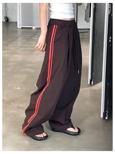 GORGLITTER Women's Y2k Baggy Track Pants Wide Leg Parachute Pants Side Strip High Waisted Drawstring Trousers2
