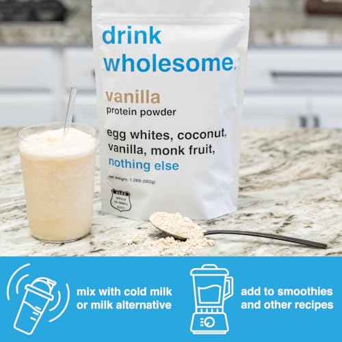 drink wholesome Vanilla Egg White Protein Powder | for Sensitive Stomachs | Gut Friendly | Dairy Free & Lactose Free | No Artificial Sweeteners | Carnivore & Paleo | Safe for Kids & Seniors