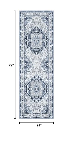 Madane Washable Runner Rug 2x6, Ultra-Thin Non-Slip Non-Shedding Hallway Runner, Stain Resistant Kitchen Mat Entryway Carpet Runner, Vintage Pet Friendly Low Pile Runners (2x6ft, Navy/White)