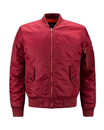 LANBAOSI Men Heavy Flight Bomber Jacket Windbreaker Casual Baseball Coat Red