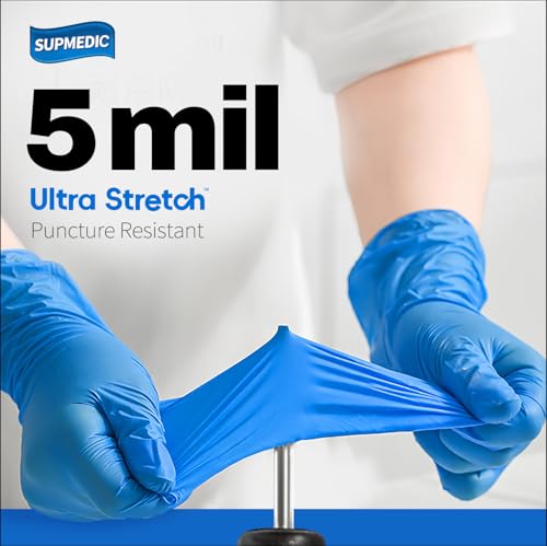 Image of Supmedic Blue Nitrile Exam Gloves, 5 mil Powder-Free Chemo-Rated Food Safe Disposable Medical Glove, 100 Pcs (Medium)