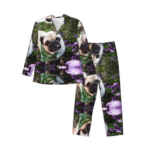 Pyjama homme imprimé carlin manches longues : vêtement de nuit boutonné doux