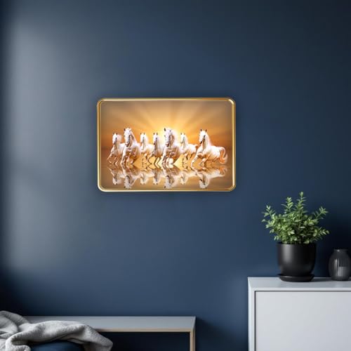 Image of Vastu 7 Seven Running Horse Photo Frame, Golden Slim Frame, Sparkle Coated Lamination, 30x45 cm (Design 5)