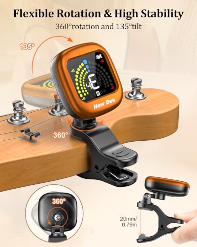 Image of New bee Guitar Tuner Rechargeable, Color Screen Clip On Tuner (Orange, 1 Pack) | 360 Rotatable, Fast & Accurate Chromatic Tuning, for Guitar, Bass, Ukulele, Violin, Cello