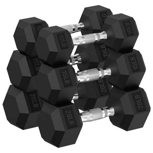 HANDBODE Hex Dumbbell 90 lb Set Pair of 10/15/20 lb Rubber Encased Dumbbells Strength Training Hand Weight for Workout & Exercise
