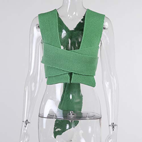 Flycc Women's Sexy Strappy Wrap Around Halter Knit Crop Top Rave Sweater Knitwear Shirts Tank Tops Green #TOP4