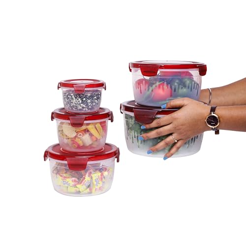 Image of PEARLPET PP Container Circular Plastic Food Storage Container with Air Tight Lid | Fridge & Freezer Dabba Containers, Fruit Box Set of 5, Red (300ml, 600ml, 1200ml, 1800ml and 3000ml)