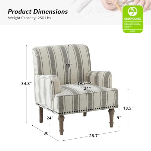Sillón acolchado gris con patas de madera y rayas miniatura 2