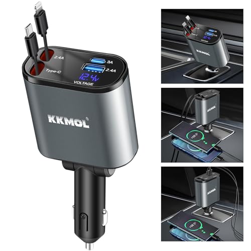 KKMOL Carregador retrátil para carro, 4 em 1, rápido de 100 W, co...