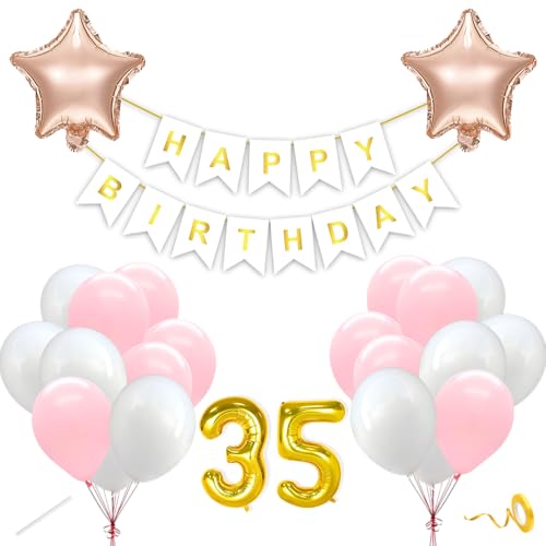 Image of Flyloons 35th Happy Birthday Decoration Kit Pink White for Boys Girls Men Women Adults With 20 Pcs Pastel Balloons Birthday Banner 2 Pcs Star Items Set