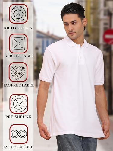 Image of Men's 100% Cotton Polo T-Shirt - Solid Plain Short Sleeve Tee with Classic Collar for Everyday Casual & Smart Wear