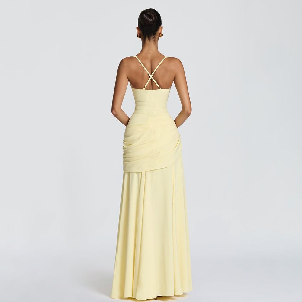 Genérico Vestido Corsé Mujer de Satén con Fruncidos, Vestido Largo Cintura Baja Corte A, Atuendo Elegante para Noches, Bailes y Eventos Formales