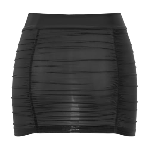 Women's Ruched Semi-Sheer Mesh Skirts Bodycon Solid Stretch Tight Mini Skirts for Club Party4