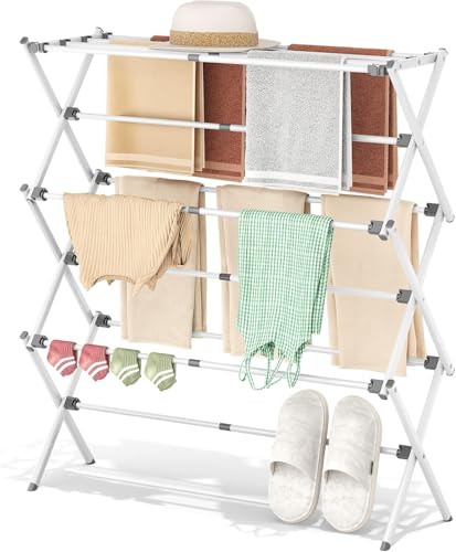 Image of JD FRESH 3 Tier Foldable Metal Clothes Drying Rack /Adjustable Wings for Indoor Outdoor Use and Dress Drying Stand /Easy to Move and Heavy Metal Laundry Organizer Stand (White)