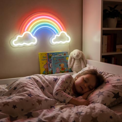 Image of Neon Rainbow Sign, USB Powered LED Wall Light, Cute Rainbow Cloud Acrylic Decor for Girls Bedroom, Kids Room, Nursery & Dorm - Safe, No-Flicker Night Light for Party, Christmas & Birthday Gift