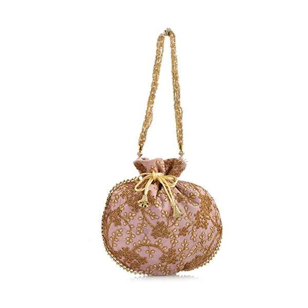 STLYZ Traditional Embroidered Potli Bag For Women, Handmade Pure Silk Potli Handbag Wristlets Ethnic Bridal Potli Batwa Bag For Ladies For Wedding, Return Gifts (Baby Pink) - Image 3