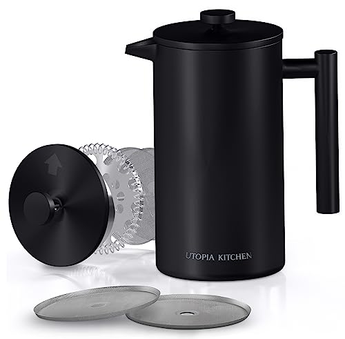 Kitchen Stainless Steel French Press Coffee Maker 34 Oz (1 Litre) with 2 Extra Filters, French Press Coffee & Tea Maker for Kitchen & Camping, Cold Brew Cafetiere, Black