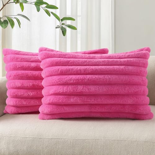 Image of Pallene Faux Fur Plush Lumbar Throw Pillow Covers 12x20 Set of 2, Luxury Soft Fluffy Striped Decorative Pillow Covers for Sofa, Couch, Living Room, Hot Pink