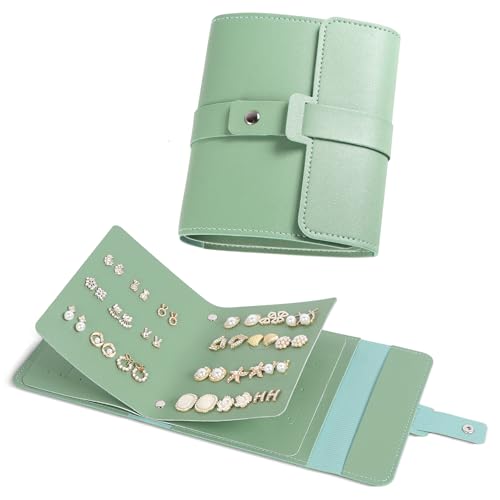 Ohrring Aufbewahrung mit Faltbarem Buchdesign Ohrringe Ordner Tragbares PU-Leder Reise Schmuckkästchen Praktische Ohrstecker Aufbewahrung Schmuckaufbewahrung für Mütter Frauen und Mädchen (Grün)