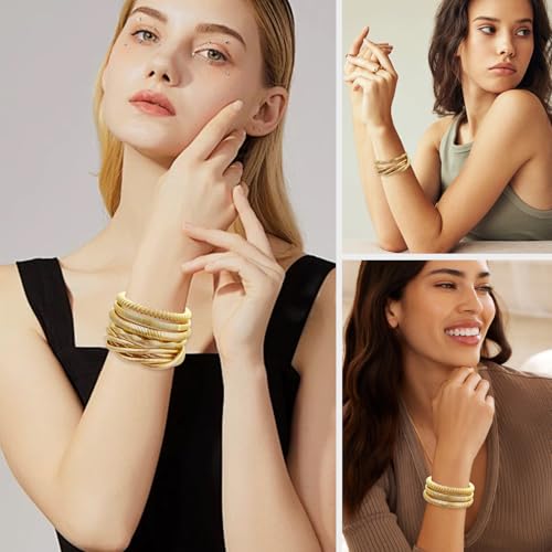YBMYCM 5PCS Gold Bangles Bracelets for Women Chunky Stretch Bracelet Set Stainless Steel Chain Flexible Wide Wristband Bangle Stackable Layered Bracelets Gift Jewelry3