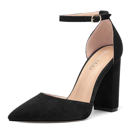 Ankle Strap Heels for Women,Chunky Block Closed Pointed Toe Pumps,Dress Wedding Party Shoes 3 Inch
