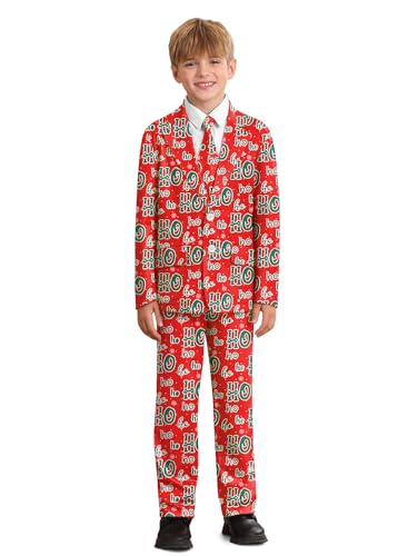 Image of Boys Christmas Printed Ugly with Jacket, Pants & Tie 3 Piece Holiday Party Warm Suit Red Ho Ho Ho 12 Years