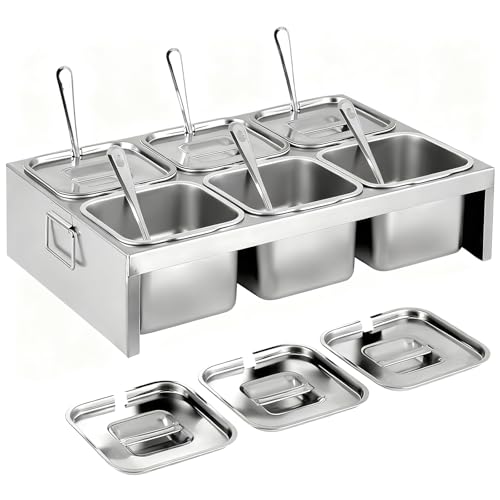 Conteneur à Ingrédients, 6×2L Bacs en Acier Inoxydable avec Couvercles & Cuillères, Station de Garnitures 6 Compartiments pour Ingrédients et Toppings, Accessoire Pizza pour Cuisine & Restauration