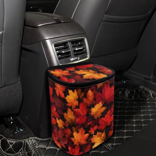 Image of Talayituse Fall Maple Leaf Print Car Trash Can with Lid, Leak Proof Auto Trash Bag Hanging Vehicle Garbage Can Multipurpose Storage Container for Back Seat Road Trip Autumn Decor