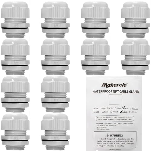 Image of MAKERELE 12Pcs 1 Inch Grey NPT Cable Glands, IP68 Waterproof | Plastic Nylon Adjustable Strain Relief Cord Grip Connector Wire Gland Connector with Locknut & Gasket for Junction Box