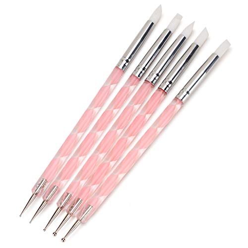 HuiDao 5Pcs Nail Art Dotting Tools Nail Silicone Brush Dual Head UV Gel Dotting Drawing Painting Pen Clay Sculpting Drawing Tools (Clear & Pink)