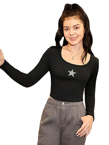 Floerns Girls Graphic Print Scoop Neck Long Sleeve Slim Fit Crop Tee Top