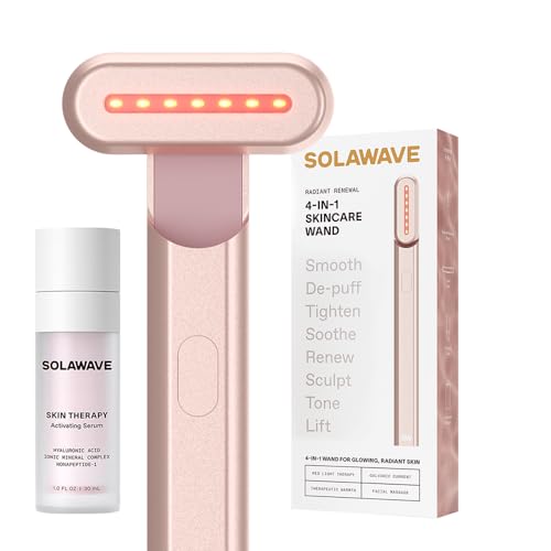 Solawave 4-in-1 Red Light Therapy Wand + Activating Serum | LED Skincare Device for Face & Neck | Facial Tool with Galvanic Current, Massage & Therapeutic Warmth | Reduces Appearance of Fine Lines