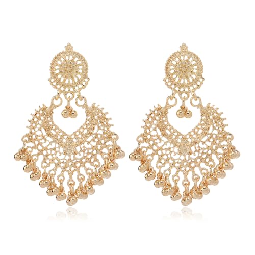 Jhumkas Indian Earrings for Women Gold Chandelier Earrings Ethnic Gold Tassel Earrings Jhumkas Earrings Traditional Indian Boho Earrings Wedding Party Prom Jewelry Gift