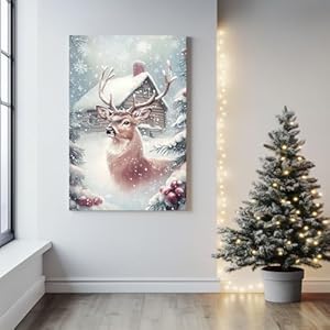 GSPQAZ Winter Reindeer Christmas Wall Art - Rustic Holiday Canvas Print for Cozy Vintage Decor 12x18inch-Unframed GSPQAZ Winter Reindeer Christmas Wall Art Rustic Holiday Canvas Print for Cozy Vintage Decor 12x18inch Unframed