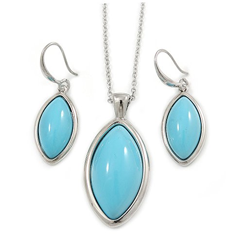 Colgante ovalado azul y pendientes de gota chapados en rodio con cadena de 48 cm