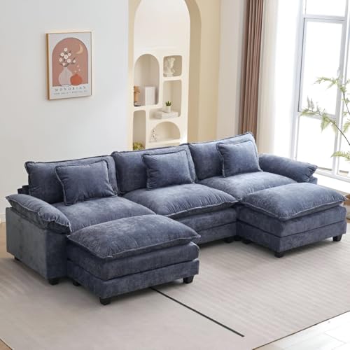 Image of Modern U Shaped Sectional Sofa, Plush Chenille Upholstery, Extra Deep Seats with Throw Pillows for Living Room Office Hotels (Blue)