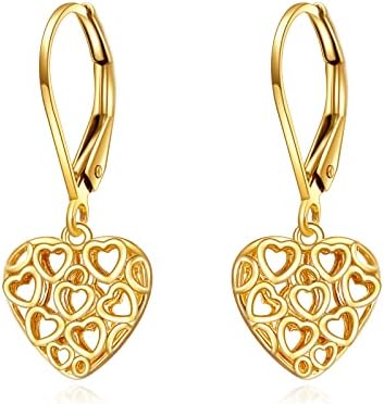 KECHO 14k Gold Heart Earrings Filigree Heart Drop Dangle Earrings Solid Leverback Earrings Jewelry Gifts for Women Girls Her