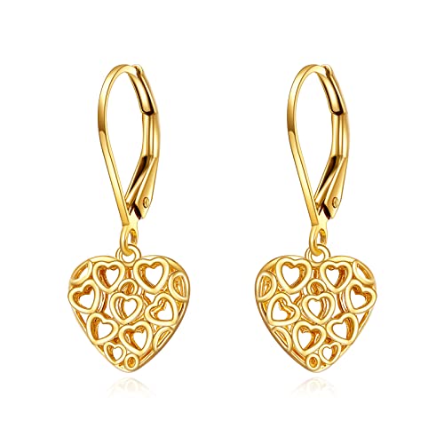 Kecho 14K Gold Heart Earrings Filigree Heart Drop Dangle Earrings Solid Leverback Earrings Jewelry Gifts For Women Girls Her #TOP2