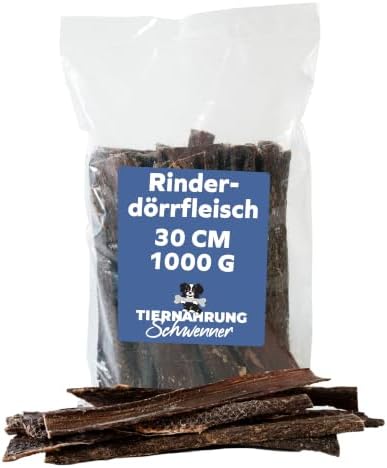 Tiernahrung Schwenner Rinderdörrfleisch Hunde, getrocknet, 1000g, 30cm | Hundeleckerli Trockenfleisch, Kaustangen aus Deutschland, Trainingsleckerli, naturbelassen