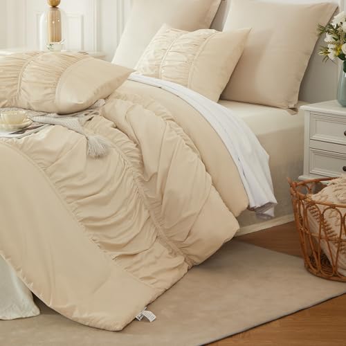 Image of Ruched Ruffle Comforter Set Queen - 3 Piece Wheat Checkered Bedding Set - Aesthetic Cottagecore Ruffled Farmhouse Comforter with 2 Pillow Shams - Soft, Lightweight All Season Bedding (90 inchx90 inch)