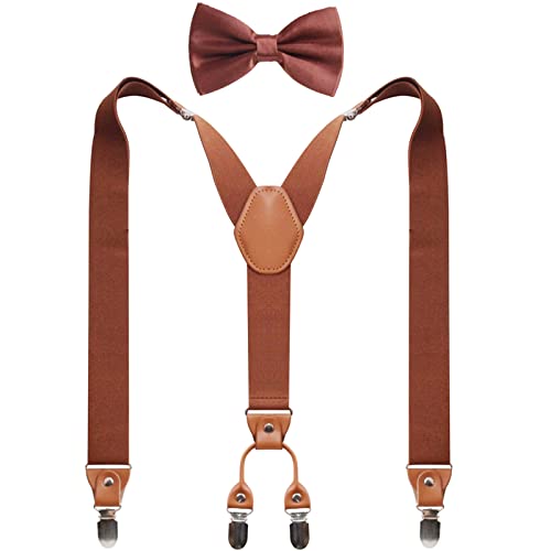 Image of Suspenders Bow Tie for Mens and Women Heavy Duty Elastic Wide Suspenders Strong 4 Metal Clips Adjustable