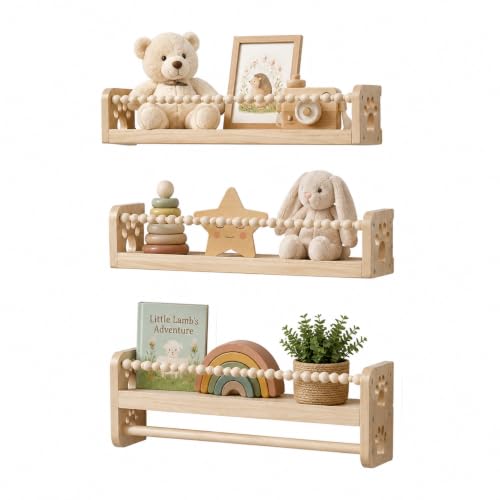 Estantería Infantil de Pared, 40cm Estantes de Pared de Madera Infantil, Juego de 3 estantes de Madera, Estante Flotante,Estanteria Montessori de Libros, Organizador de Libros y Juguetes