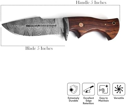 Handmade Damascus Hunting Knife with Leather Sheath - Ideal for Skinning, Camping, Outdoor - EDC Fixed Blade Bushcraft Knife with Walnut Wood Handle - Best Knives For Men (4001)