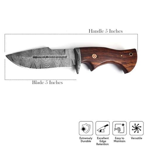 FAIQENTERPRICE Handmade Damascus Hunting Knife with Leather Sheath - Ideal for Skinning, Camping, Outdoor - EDC Fixed Blade Bushcraft Knife with Walnut Wood Handle - Best Knives For Men (4001)