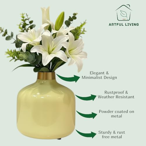 Image of Artful Living India - Round Metal Flower Vase | Round Vintage Vase for Living Room, Table, Office Decoration & Home Decor | Antique Decorative Metal Vase (Pastel Yellow)
