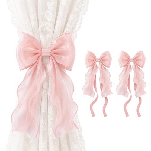 VIS'V Curtain Tiebacks, French Silky Bow Curtain Holdbacks, Pink, 2 Pcs