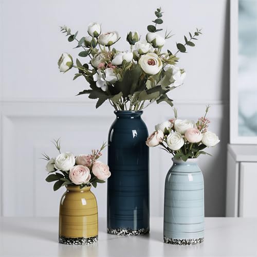 Ceramic Vase Set of 3, Farmhouse Rustic Decorative Vase for Home Decor, Modern Glazed Vase, Table Centerpiece for Living Room, Shelf, Bedroom, Kitchen (Colorful Cracks)