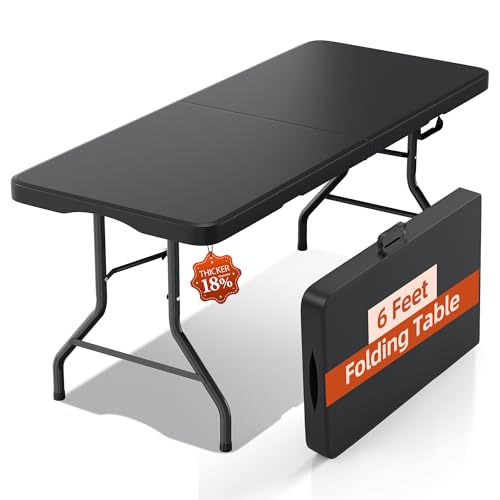 6FT Folding Table with Carrying Handle: Upgrade Thickened Heavy Duty Portable Foldable Table | Perfect Plastic Tables for Party Dining Wedding Events Picnic Indoor Outdoor Camping Utility Black