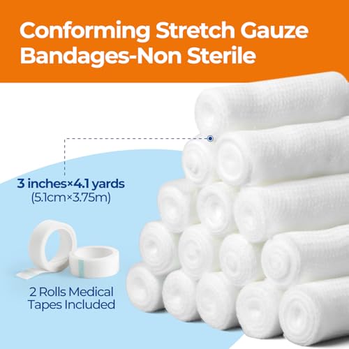 Image of Gauze Rolls Bandages 3 inch x 4.1yds, Conforming Stretch Gauze Bandage 6 Inch, 24 Rolls Individually Wrapped Includes Medical Tape
