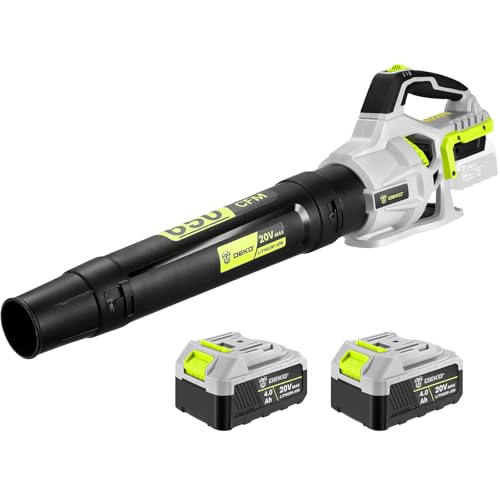 DEKOPRO Soplador de Hojas Inalámbrico de 20 V, Incluye 2 Baterías de 4,0 Ah, 650 CFM de Caudal, 2 Velocidades, Soplador de Hojas para Portales, Jardines, Limpieza de Hojas Caídas y Nieve